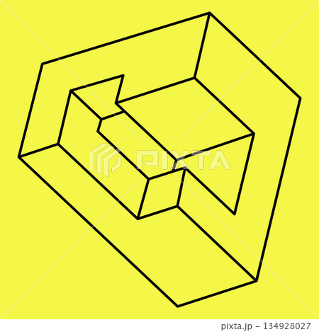 Impossible shape. Sacred geometry. Optical illusion. Abstract eternal geometric object. Impossible endless outline. Impossible geometry object on a yellow background. Op art. Line art. 134928027