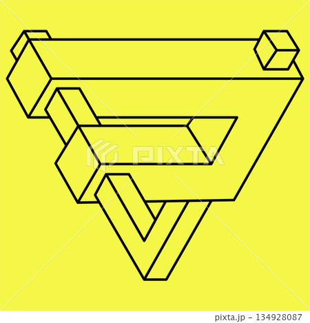 Impossible shapes. Sacred geometry triangle. Optical illusion figure. Abstract eternal geometric object. Impossible endless outline. Line art. Op art. Impossible geometry shape on a yellow background. 134928087