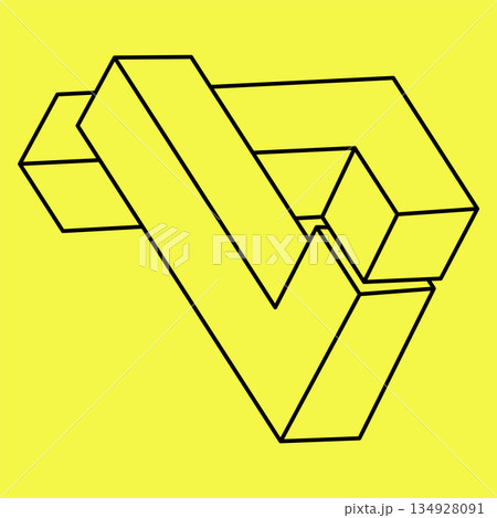 Impossible shapes. Sacred geometry. Optical illusion. Abstract eternal geometric object. Impossible endless outline. Impossible geometry symbol isolated on a yellow background. Optical art. Line art. Impossible shapes. Sacred geometry. Optical illusion. Abstract eternal geometric object. Impossible endless outline. Impossible geometry symbol isolated on a yellow background. Optical art. Line art. 134928091