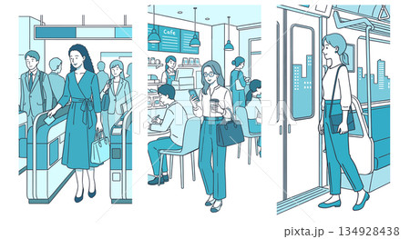通勤中の日常を描いた女性のライフスタイルイラスト移動・カフェ・電車 134928438
