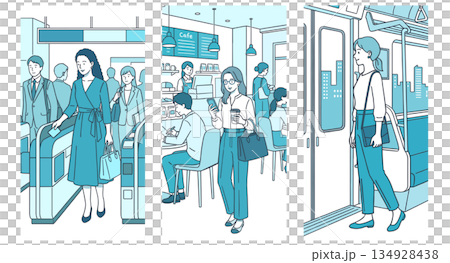 描繪女性日常通勤、旅行、咖啡館、火車等場景的生活方式插畫 134928438