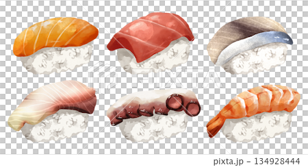 Premium realistic hand-drawn watercolor illustration set of traditional Japanese Nigiri sushi. Featuring salmon, tuna, mackerel, yellowtail, octopus, and shrimp on rice. Transparency background 134928444