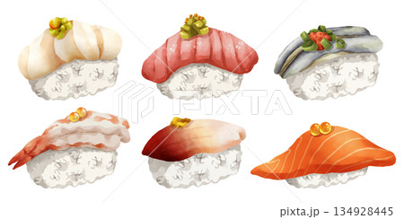 Premium realistic hand-drawn watercolor illustration set of traditional Japanese Nigiri sushi. Featuring scallop, fatty tuna, sardine, sweet shrimp, surf clam and salmon on rice. Transparency Premium realistic hand-drawn watercolor illustration set of traditional Japanese Nigiri sushi. Featuring scallop, fatty tuna, sardine, sweet shrimp, surf clam and salmon on rice. Transparency 134928445