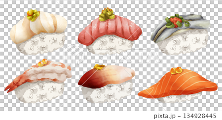 Premium realistic hand-drawn watercolor illustration set of traditional Japanese Nigiri sushi. Featuring scallop, fatty tuna, sardine, sweet shrimp, surf clam and salmon on rice. Transparency Premium realistic hand-drawn watercolor illustration set of traditional Japanese Nigiri sushi. Featuring scallop, fatty tuna, sardine, sweet shrimp, surf clam and salmon on rice. Transparency 134928445