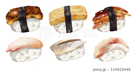 Premium realistic hand-drawn watercolor illustration set of traditional Japanese Nigiri sushi. Featuring foie gras, egg omelet, saltwater eel, red sea bream and mackerel on rice. Transparency Premium realistic hand-drawn watercolor illustration set of traditional Japanese Nigiri sushi. Featuring foie gras, egg omelet, saltwater eel, red sea bream and mackerel on rice. Transparency 134928446