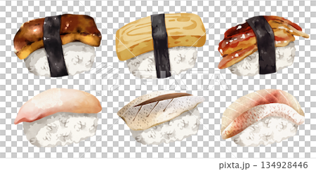 Premium realistic hand-drawn watercolor illustration set of traditional Japanese Nigiri sushi. Featuring foie gras, egg omelet, saltwater eel, red sea bream and mackerel on rice. Transparency 134928446