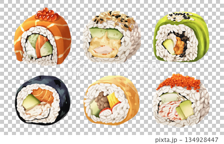 Premium realistic hand-drawn watercolor illustration set of traditional Japanese Nigiri sushi rolls and uramaki. Featuring salmon, avocado, shrimp tempura, and fish roe toppings. Transparency Premium realistic hand-drawn watercolor illustration set of traditional Japanese Nigiri sushi rolls and uramaki. Featuring salmon, avocado, shrimp tempura, and fish roe toppings. Transparency 134928447