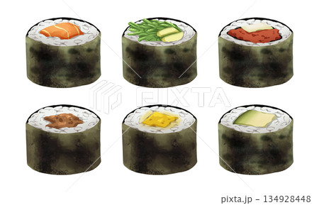 Premium realistic hand-drawn watercolor illustration set of Japanese Hosomaki or thin sushi rolls. Featuring salmon, wakame, tuna, tamago and saba wrapped in nori seaweed. Transparency background. 134928448