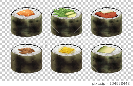 Premium realistic hand-drawn watercolor illustration set of Japanese Hosomaki or thin sushi rolls. Featuring salmon, wakame, tuna, tamago and saba wrapped in nori seaweed. Transparency background. 134928448