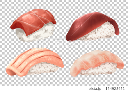 Premium realistic hand drawn watercolor omakase style japanese sushi set featuring 4 grades of bluefin tuna or maguro nigiri include standard tuna, akami, chutoro and otoro. Transparency background. Premium realistic hand drawn watercolor omakase style japanese sushi set featuring 4 grades of bluefin tuna or maguro nigiri include standard tuna, akami, chutoro and otoro. Transparency background. 134928451