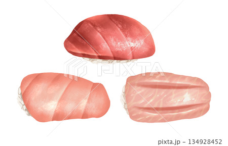 Premium realistic hand drawn watercolor omakase style japanese sushi set featuring 3 grades of bluefin tuna or maguro nigiri include akami, chutoro and otoro. Transparency background. 134928452