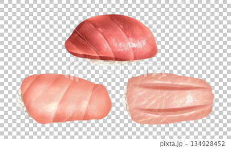 Premium realistic hand drawn watercolor omakase style japanese sushi set featuring 3 grades of bluefin tuna or maguro nigiri include akami, chutoro and otoro. Transparency background. 134928452