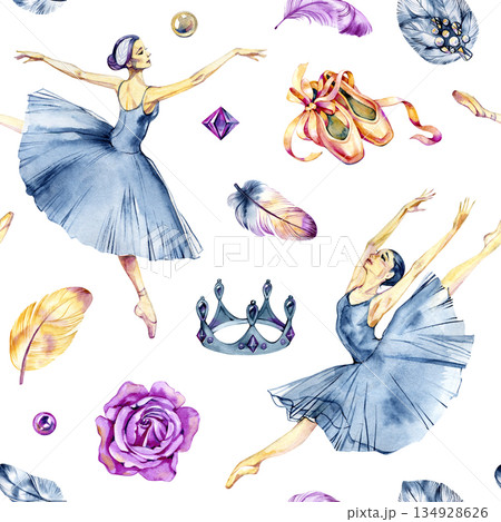 Graceful watercolor seamless pattern with classical ballerinas dancing in expressive poses. Light flowing skirts and elegant movement create a refined design ideal for fashion prints, decor 134928626