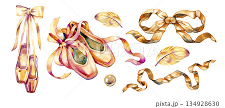 Elegant watercolor ballet illustration set featuring pointe shoes, ballet ribbons, bows, and satin textures. A delicate feminine collection inspired by classical dance, grace, and timeless artistic Elegant watercolor ballet illustration set featuring pointe shoes, ballet ribbons, bows, and satin textures. A delicate feminine collection inspired by classical dance, grace, and timeless artistic 134928630