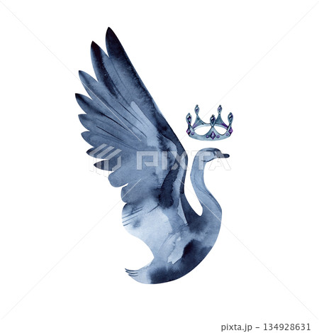 Elegant watercolor illustration of a graceful black swan with raised wings and a royal crown, inspired by classical ballet and fairy tales. A refined symbol of mystery, elegance and artistic drama for 134928631