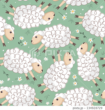 Seamless green background with funny white sheep and daisies. Nursery background design for prints, fabric, textile, wallpaper, wrapping paper. Vector illustration Seamless green background with funny white sheep and daisies. Nursery background design for prints, fabric, textile, wallpaper, wrapping paper. Vector illustration 134928729