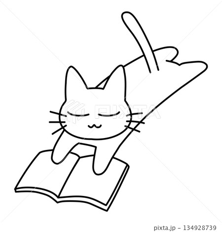 読書をしながらリラックスして寝そべる可愛い猫のイラスト 134928739