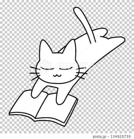 読書をしながらリラックスして寝そべる可愛い猫のイラスト 134928739