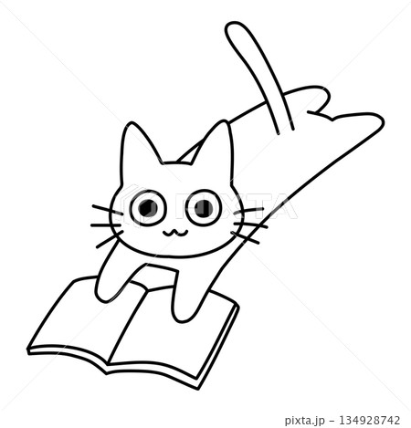 本を読みながら寝そべる可愛い白猫のイラスト 本を読みながら寝そべる可愛い白猫のイラスト 134928742