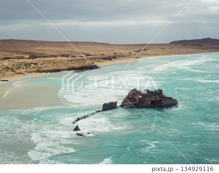 Drone view of the Spanish ship Cabo Santa Maria, which shipwreck Boa Vista. Drone view of the Spanish ship Cabo Santa Maria, which shipwreck Boa Vista. 134929116