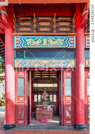 Chin Swee Caves Temple entrance with traditional Chinese architecture and statue in Genting Highlands, Pahang, Malaysia. 134929159