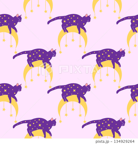 Mystical seamless pattern of cats in boho style, silhouette collection. Witchcraft and magic Mystical seamless pattern of cats in boho style, silhouette collection. Witchcraft and magic 134929264