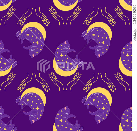 Mystical seamless pattern of cats in boho style, silhouette collection. Witchcraft and magic Mystical seamless pattern of cats in boho style, silhouette collection. Witchcraft and magic 134929269