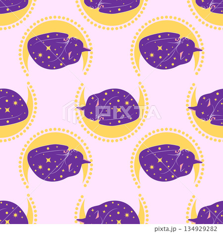 Mystical seamless pattern of cats in boho style, silhouette collection. Witchcraft and magic 134929282