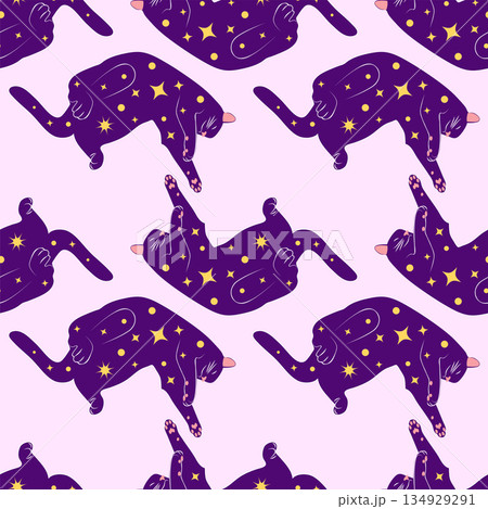Mystical seamless pattern of cats in boho style, silhouette collection. Witchcraft and magic 134929291