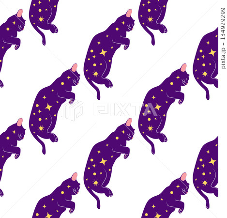 Mystical seamless pattern of cats in boho style, silhouette collection. Witchcraft and magic 134929299