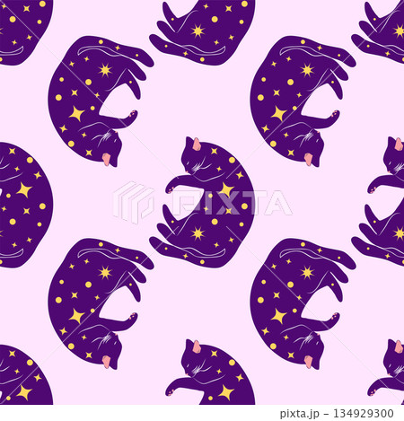 Mystical seamless pattern of cats in boho style, silhouette collection. Witchcraft and magic Mystical seamless pattern of cats in boho style, silhouette collection. Witchcraft and magic 134929300