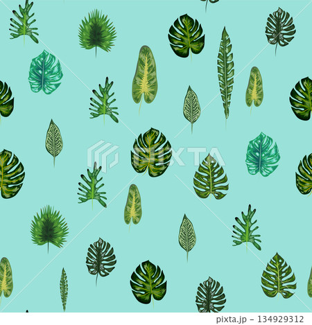 Tropical palm, monstera and banana leaves seamless pattern. Beach, sea, vacation, swimwear pattern 134929312