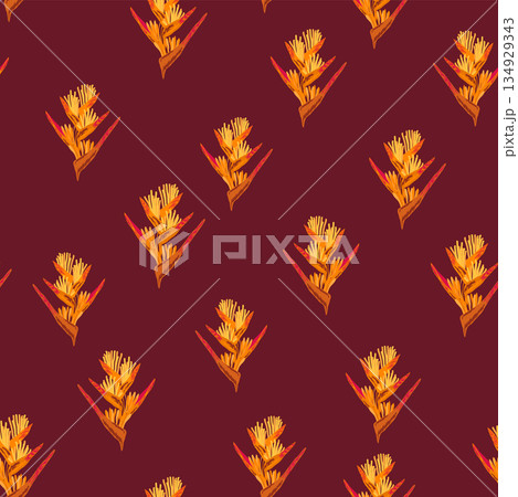 Orange Strelitzia flower pattern design with leaves and stem, calla lilies, hibiscus, tropical flowers. Hawaiian beach vacation 134929343