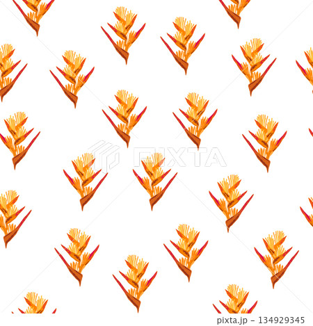 Orange Strelitzia flower pattern design with leaves and stem, calla lilies, hibiscus, tropical flowers. Hawaiian beach vacation Orange Strelitzia flower pattern design with leaves and stem, calla lilies, hibiscus, tropical flowers. Hawaiian beach vacation 134929345
