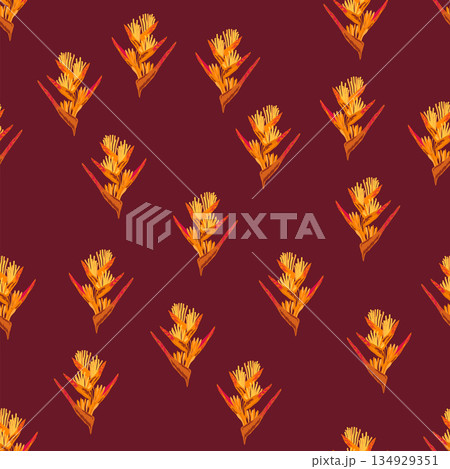 Orange Strelitzia flower pattern design with leaves and stem, calla lilies, hibiscus, tropical flowers. Hawaiian beach vacation 134929351