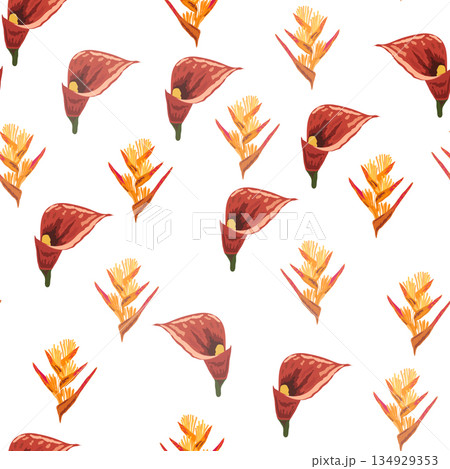 Orange Strelitzia flower pattern design with leaves and stem, calla lilies, hibiscus, tropical flowers. Hawaiian beach vacation Orange Strelitzia flower pattern design with leaves and stem, calla lilies, hibiscus, tropical flowers. Hawaiian beach vacation 134929353