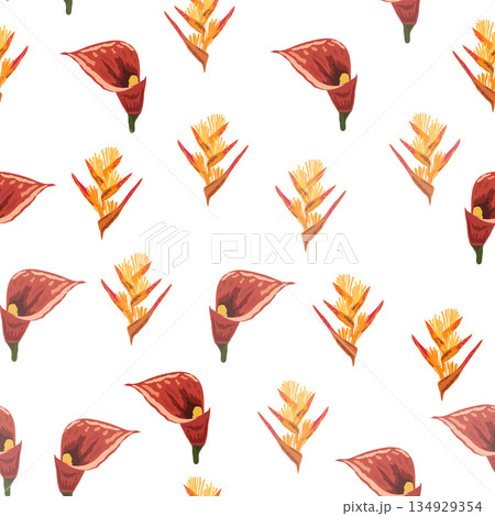 Orange Strelitzia flower pattern design with leaves and stem, calla lilies, hibiscus, tropical flowers. Hawaiian beach vacation 134929354