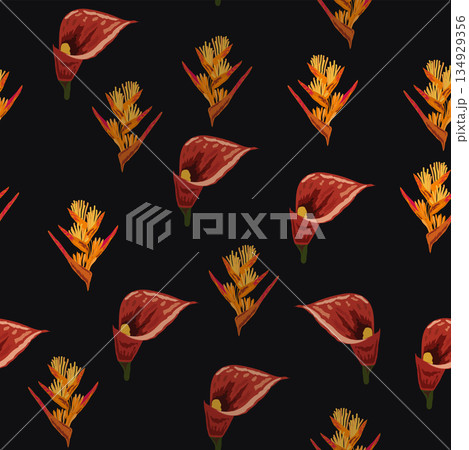 Orange Strelitzia flower pattern design with leaves and stem, calla lilies, hibiscus, tropical flowers. Hawaiian beach vacation 134929356
