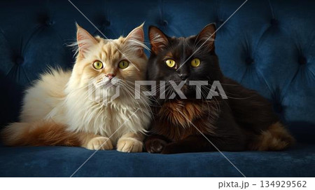 ソファーに座る白猫と黒猫 ソファーに座る白猫と黒猫 134929562