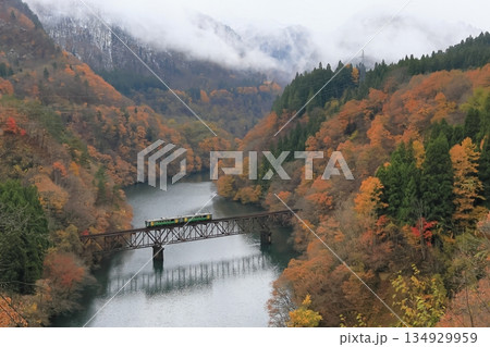 紅葉と雪景色の只見線 134929959