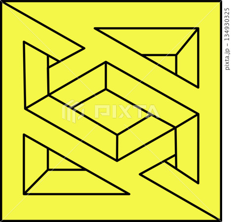 Impossible shapes. Sacred geometry figure. Optical illusion shape. Abstract eternal geometric object. Impossible endless outline figure. Optical art. Impossible geometry shape on a yellow background. 134930325