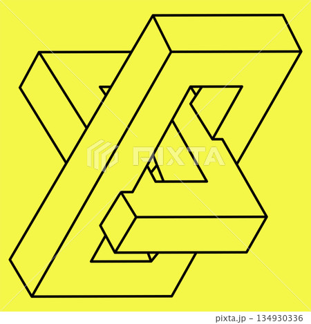 Impossible shapes. Sacred geometry object. Optical illusion shape. Abstract eternal geometric object. Impossible endless outline figure. Optical art. Impossible geometry shape on a yellow background. 134930336