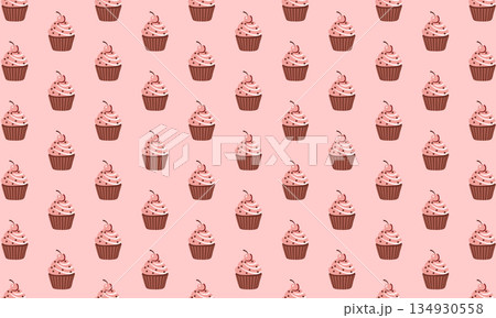 Seamless Cupcake with Cherry Pattern in Pink and Red Colors 134930558