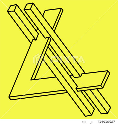 Impossible shapes. Sacred geometry. Optical illusion figure. Abstract eternal geometric objects. Impossible endless outline shapes. Op art. Impossible geometry shape on a yellow background. Line art. 134930587