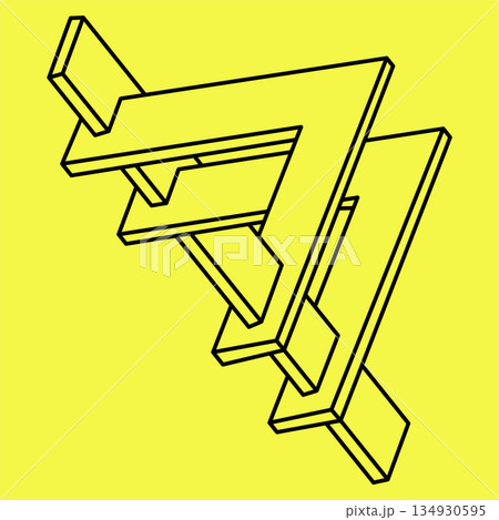 Impossible shapes. Sacred geometry object. Optical illusion. Abstract eternal geometric object. Impossible endless outline shapes. Op art. Impossible geometry shape on a yellow background. Line art. 134930595