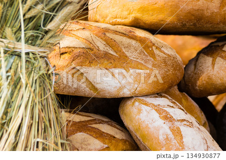 many brown rustic fresh rye bread loaves many brown rustic fresh rye bread loaves 134930877