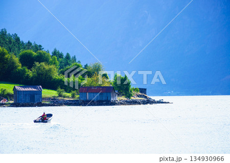 Solvorn village on fjord shore, Norway Solvorn village on fjord shore, Norway 134930966