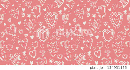 Cute seamless pattern featuring romantic love hearts. Ideal Valentines Day background for cards, fabric prints, wedding decor, or girly fashion designs with red accents 134931156