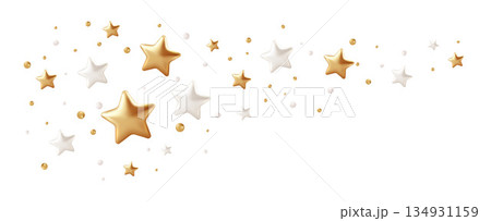 Shimmering golden and white stars confetti with realistic 3D elements on white backdrop. Festive party decorations featuring sparkling icons, twinkling shapes, and premium holiday celebration design Shimmering golden and white stars confetti with realistic 3D elements on white backdrop. Festive party decorations featuring sparkling icons, twinkling shapes, and premium holiday celebration design 134931159