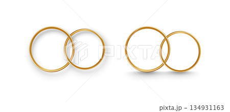 Two elegant gold wedding rings with realistic metallic shine, perfect for marriage invitations, bridal jewelry concepts, or romantic anniversary designs on white background Two elegant gold wedding rings with realistic metallic shine, perfect for marriage invitations, bridal jewelry concepts, or romantic anniversary designs on white background 134931163